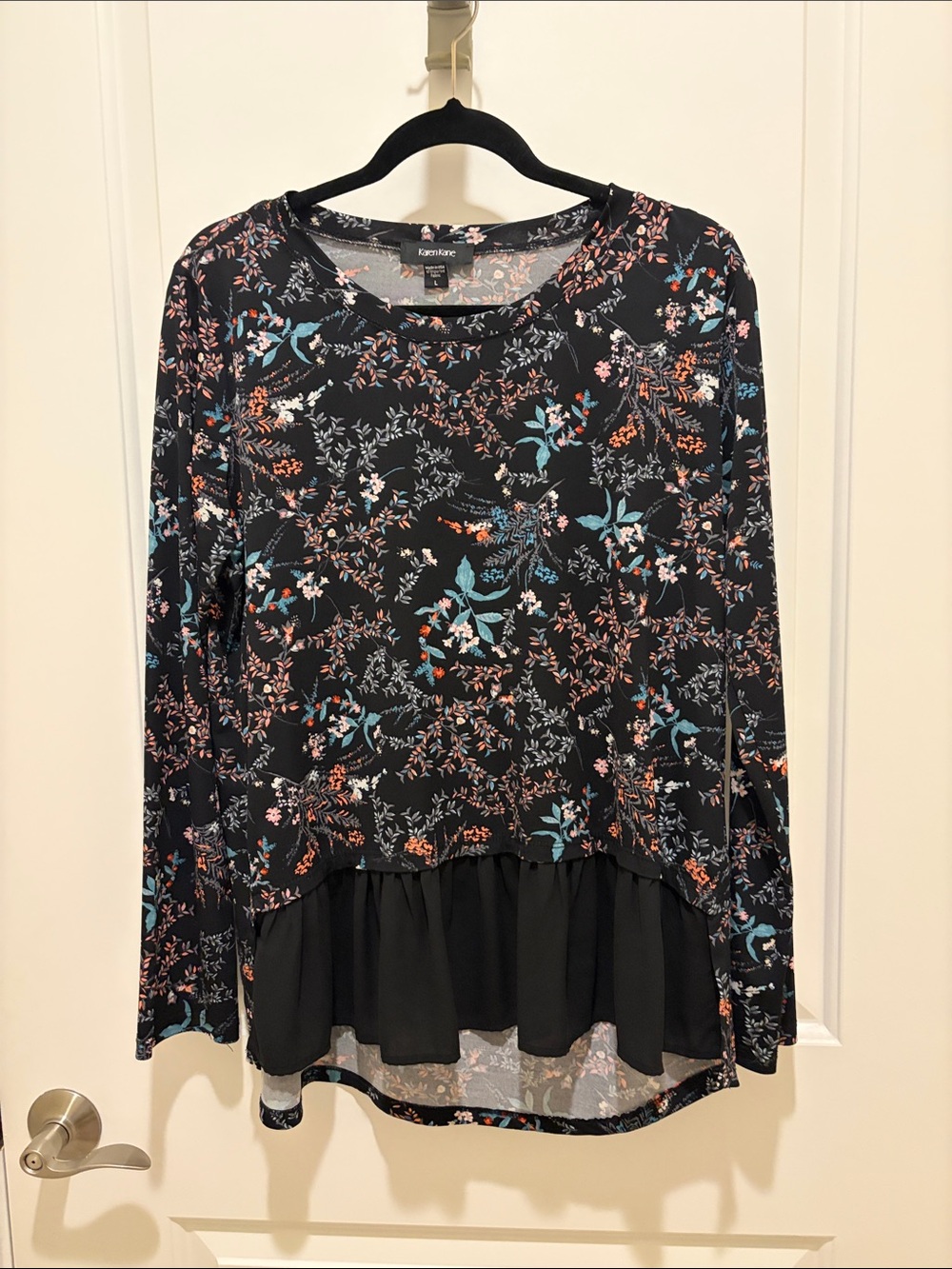 Black Floral Long-Sleeve Peplum Top